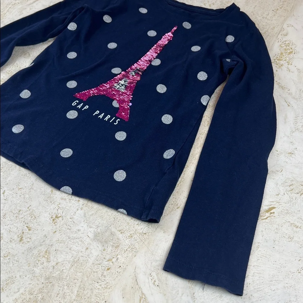 GAP KIDS PARIS Eiffel Tower - navy, silver polka dots, sequin shirt girls medium